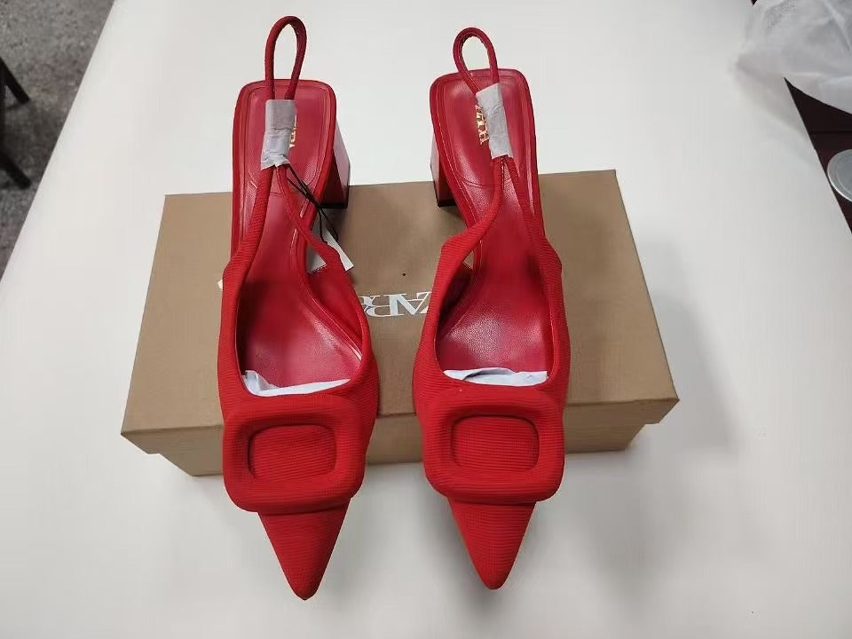 Zaexport2024 summer new arrival women's shoes, square buckle buckle, pointed toe, thick heel, high heel sandals, toe cap