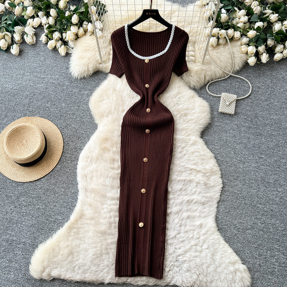 French hepburn style burgundy knittingdress women's summerk-style single-breasted silmelegant long skirt work clothing