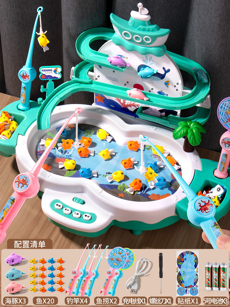 Magnetic levitation track electric fishing children's early education puzzle can add water sliding music fishing table toys boys and girls