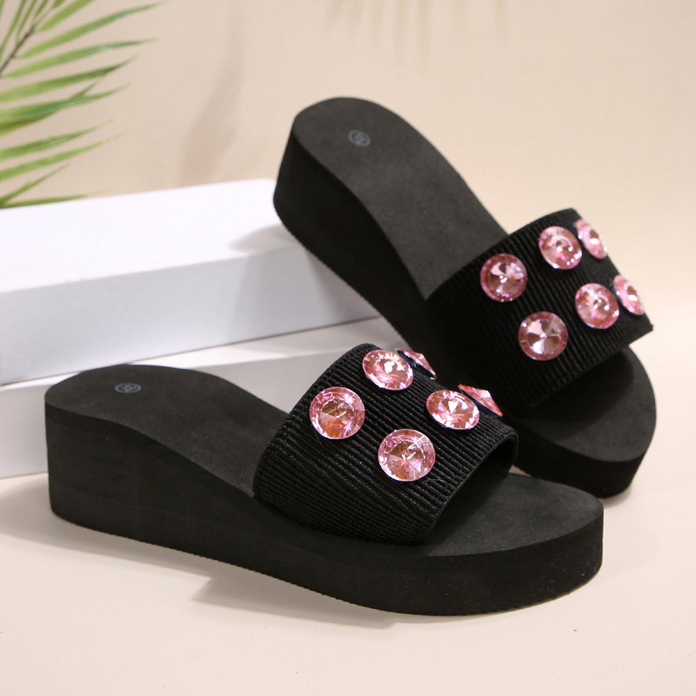 Plus size fashion rhinestone platform slippers for women, 2025 new arrival, aliexpress wedge heel flat slide sandals, fabric upper