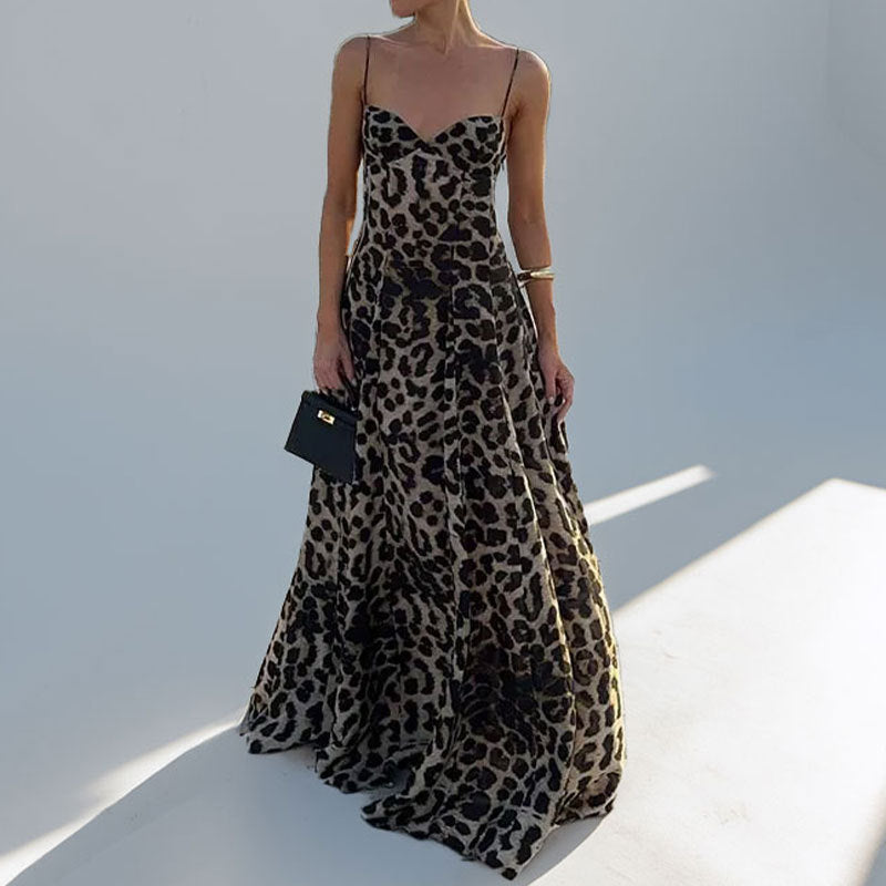 cross-border european and american women's clothing: new summer elegant and sexy leopard print spaghetti strap maxi dress