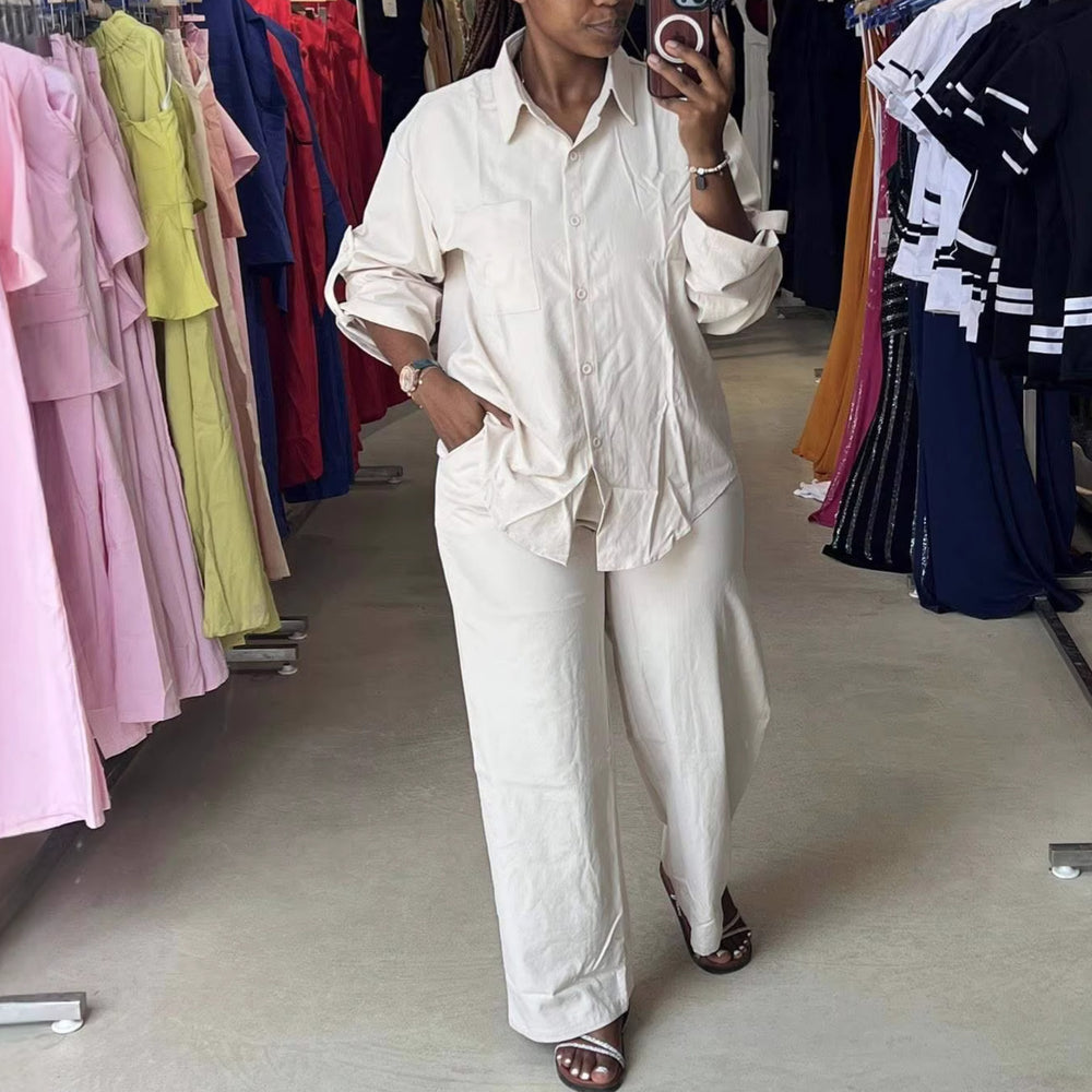 European and american cross-border african women's clothing  summer new fashionable minimalist solid color shirt top and high-waisted pants set