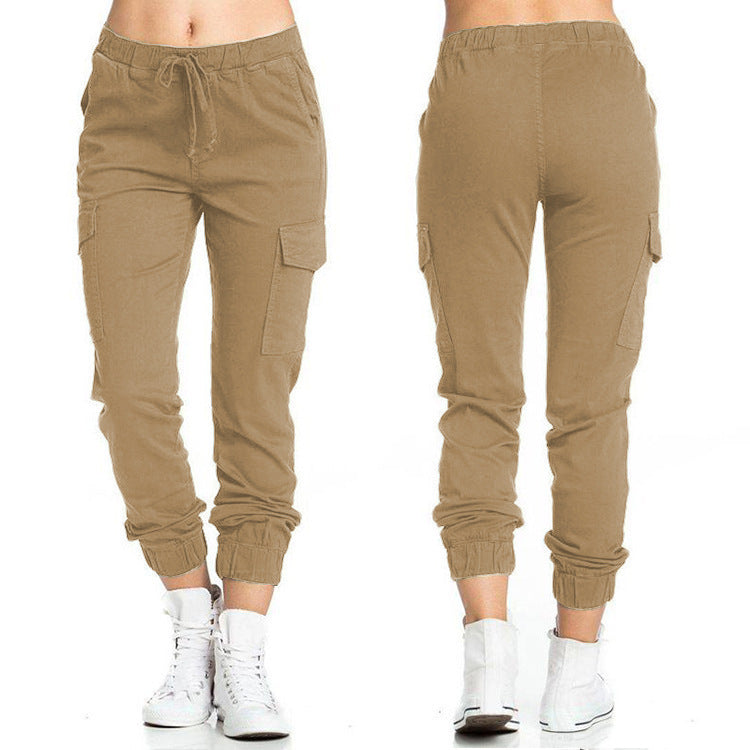 fashion cross-border   women's pants workwear casual elastic waist thin side pockets pants women's pants