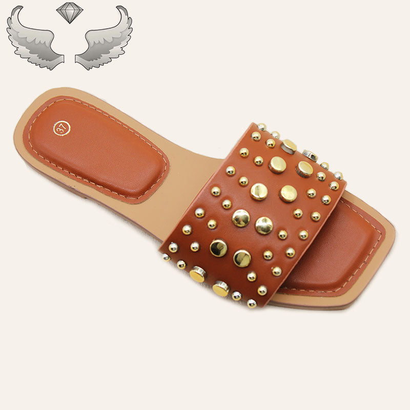 Ladies flat shoes wholesale square head metal rivets flat bottom slippers outer wear craft shoes Slippers