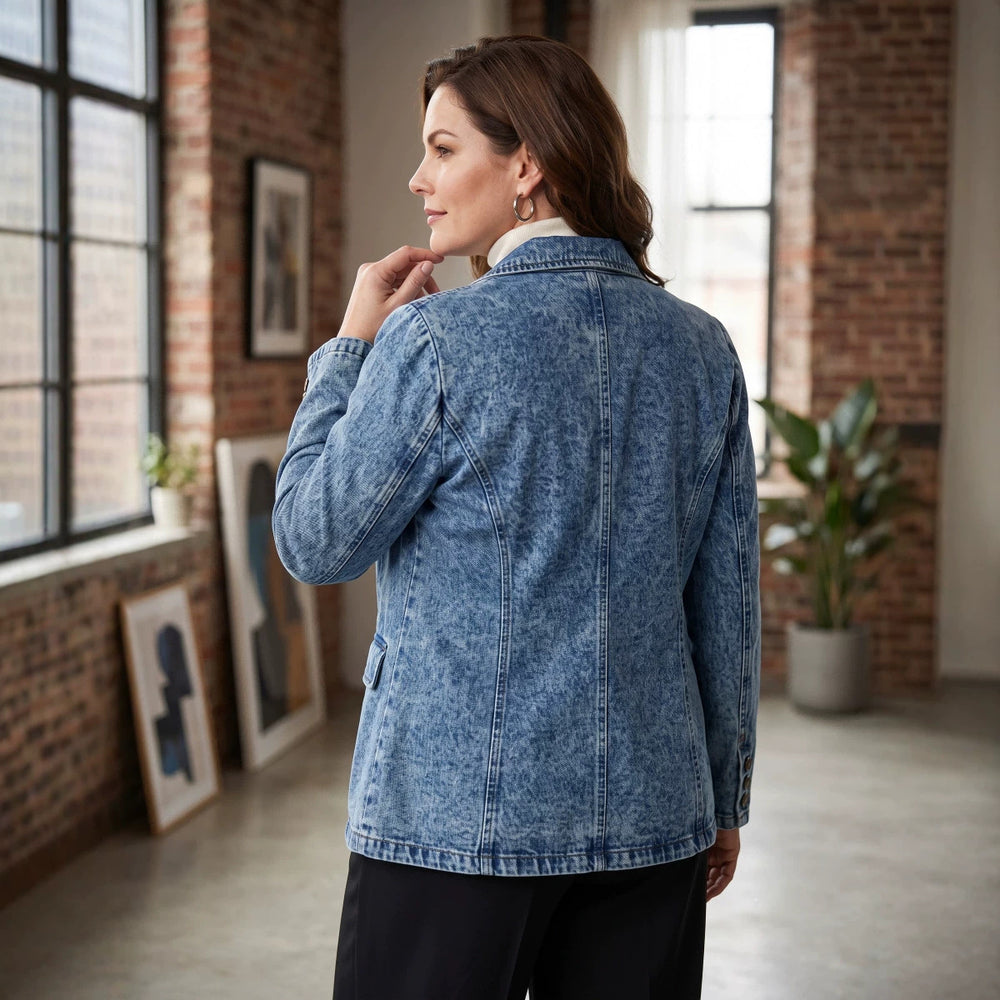 new arrivals: plus-size women's mid-length washed denim blazer - perfect for , , and european & american markets