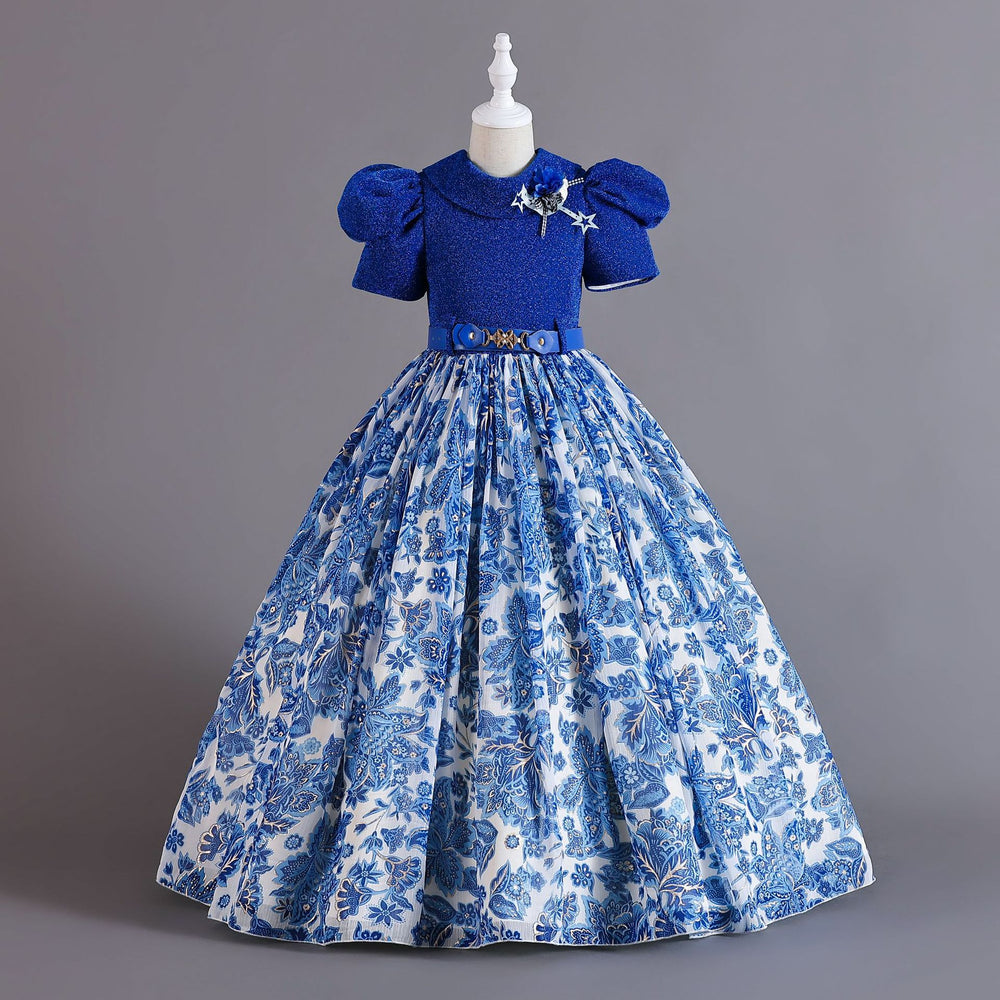 Exportnew arrival children's clothing chiffon retro pattern kids dress girl wearing waist princess dressgirl dress