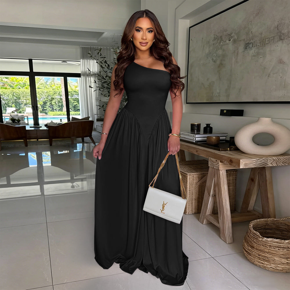 C7680 cross-border   fashion women's elegant waist-defining backless slim-fit one-shoulder dress