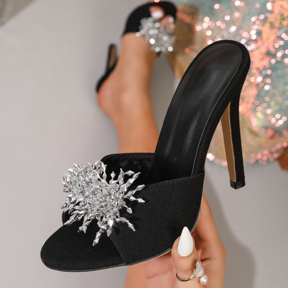 European and american style sexy mature woman rhinestone embellished denim blue-black versatile fashion stiletto open-toe sandals
