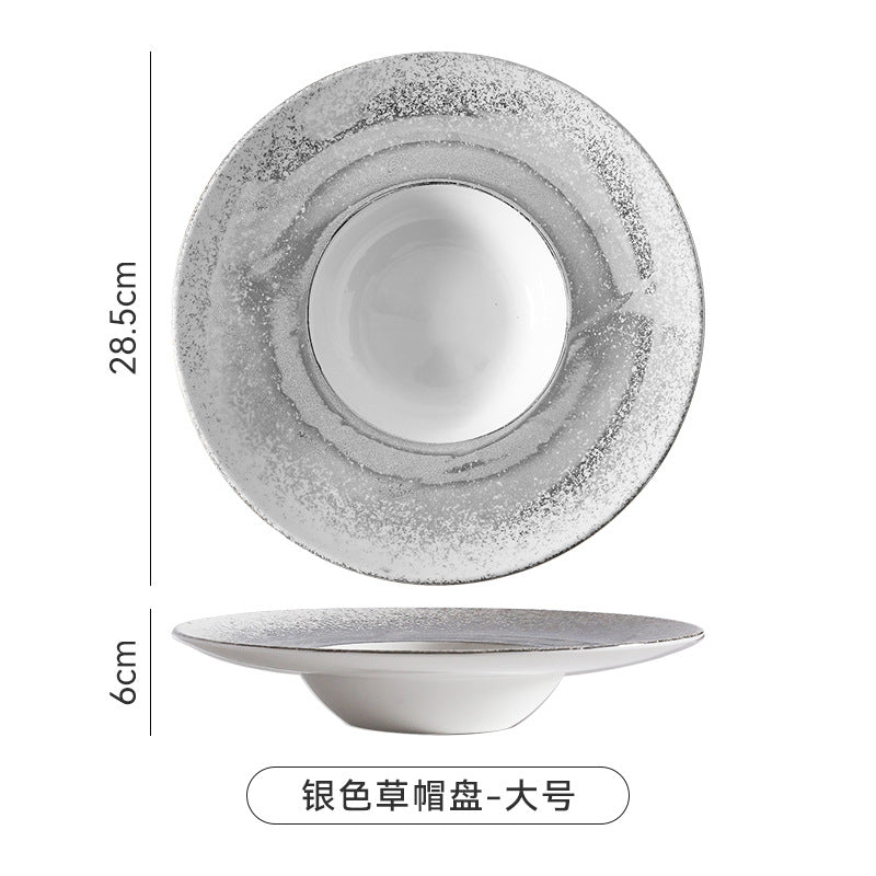 Nordic gradient sprayed high-value light luxury ceramic western food pasta plate, straw hat plate, restaurant hotel business straw hat plate