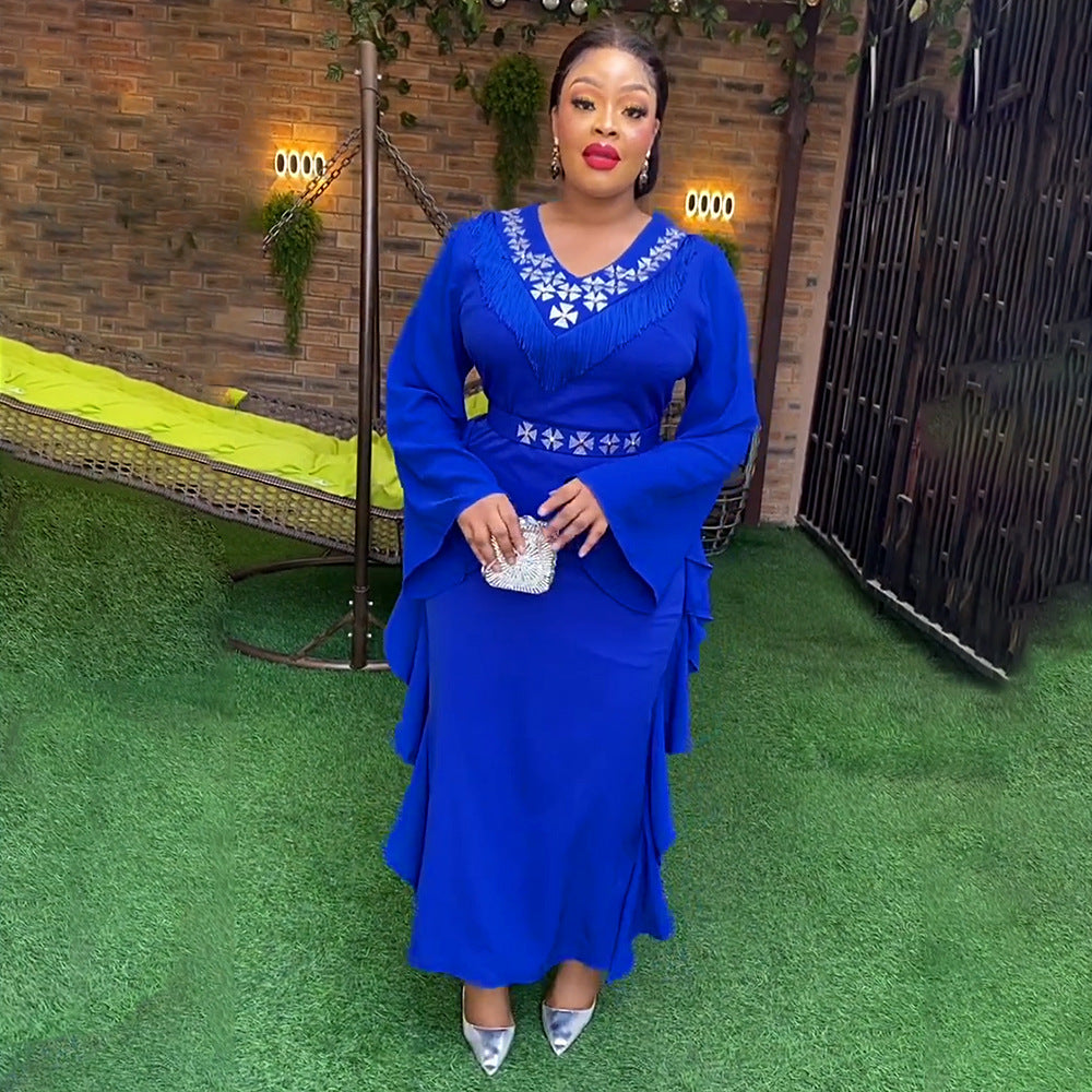 African fashionexport obese plus sizev neckelegantwork clothingdress women's clothing high waistlong sleeves long skirt