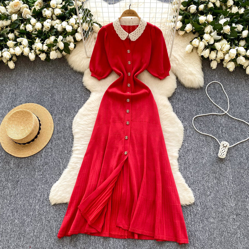 Springfrench doll collar lace collar puff sleevesilmslimming look short-sleeved knittingdress single-row gold button long skirt
