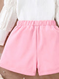new autumn cross-border girls' square neck puff sleeve top + 3d floral hem butterfly shorts set