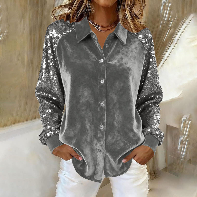 new arrival: gold velvet patchwork sequin long-sleeve shirt