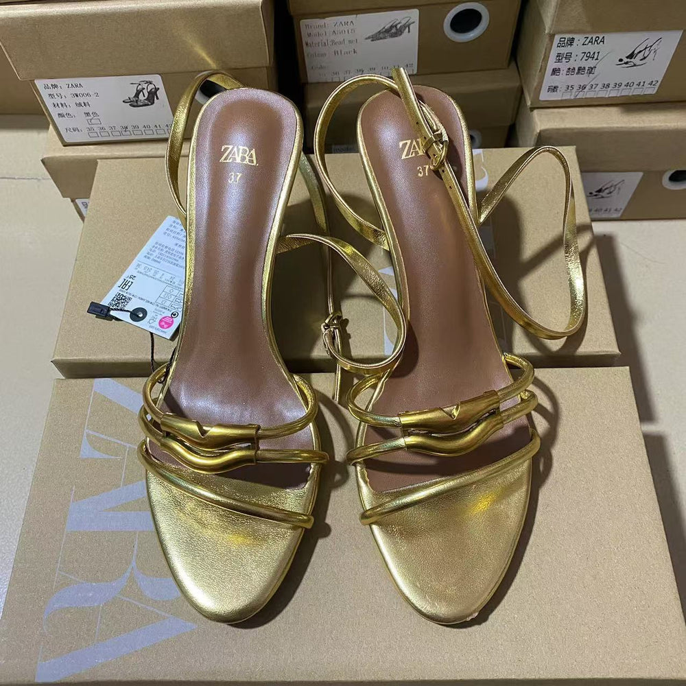Za women's shoes 2024 summer new arrivals: women's high heels, open back, open toe, gold ankle strap, stiletto heel, back strap sandals