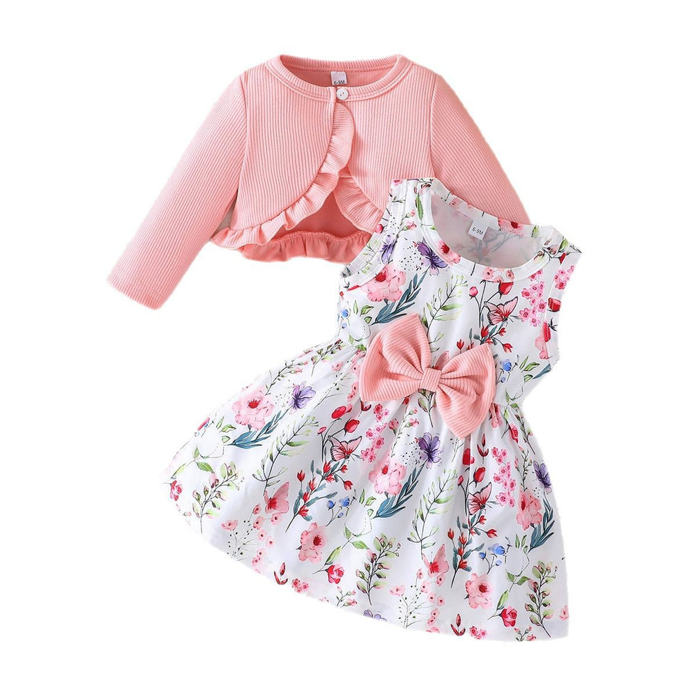 foreign trade exclusive solid color shrug and sleeveless dress butterfly embellished printed dress set
