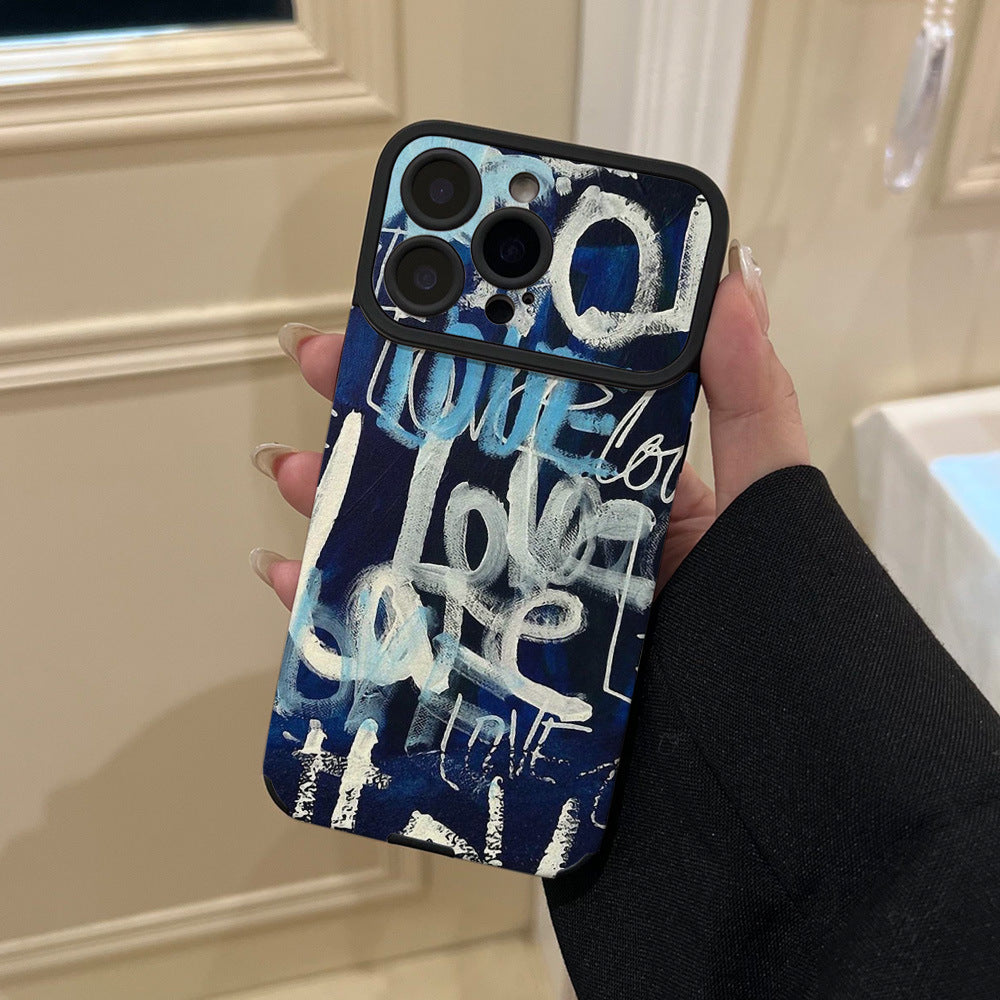 Niche art graffiti mobile phone case suitable for iphone16 anti-fall apple 17promax blue background and white lettering soft case