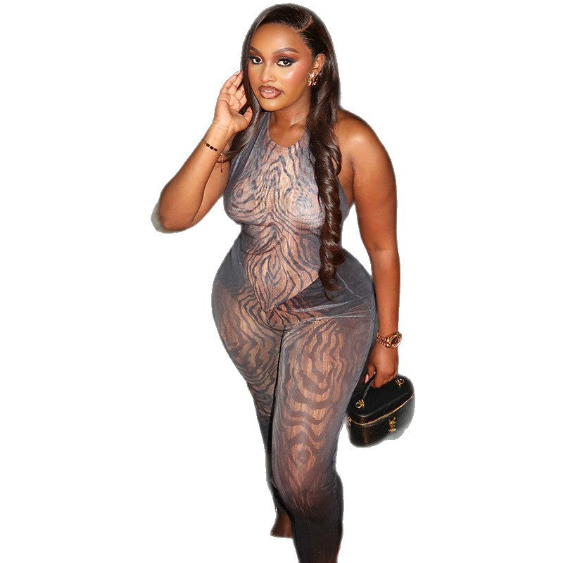 European and american style foreign trade fashion color block women's slim-fit commute pants set - round neck bodycon sexy outdoor long two-piece outfit