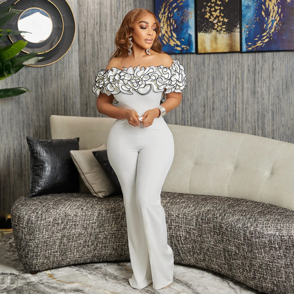 Q109 new  fashion european and american style cross-border women's sexy bodycon off-shoulder ruffle trim jumpsuit