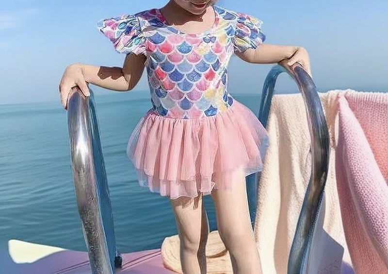 Ins style baby girl swimsuit cute cartoon one-piece mermaid princess dress swimwear toddler swim suit