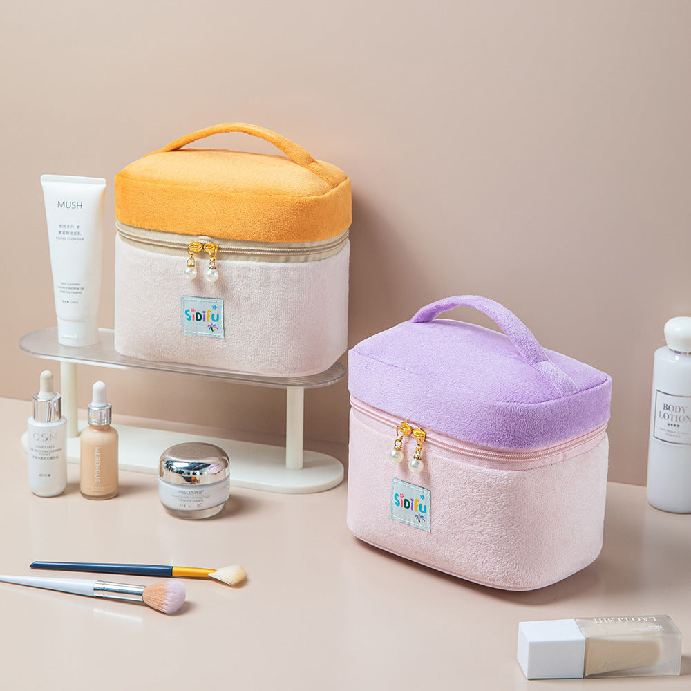 Stiff Contrast Color Cosmetic Bag Flannel Portable Storage Bag Travel Portable Wash Bag Large Capacity Partition Storage Bag