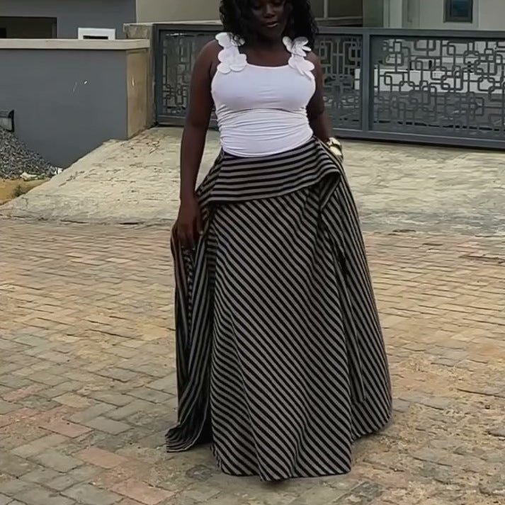 European and american cross-border women's fashion:  summer new arrivals - stylish, high-waisted, slimming, designer striped maxi midi skirt