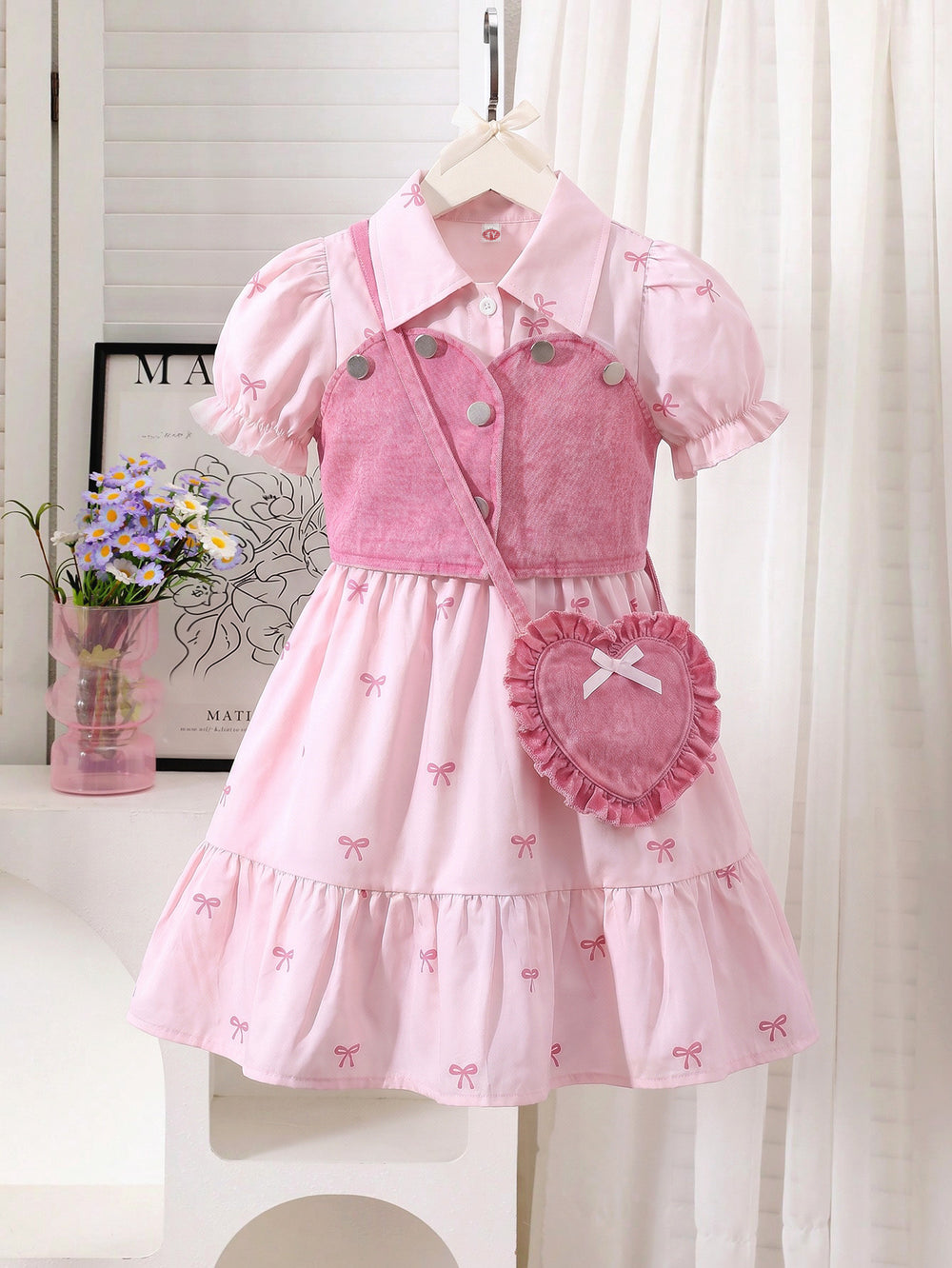 european and american cross-border girls' shirt dress, vest design, with heart-shaped bag three-piece set for girls