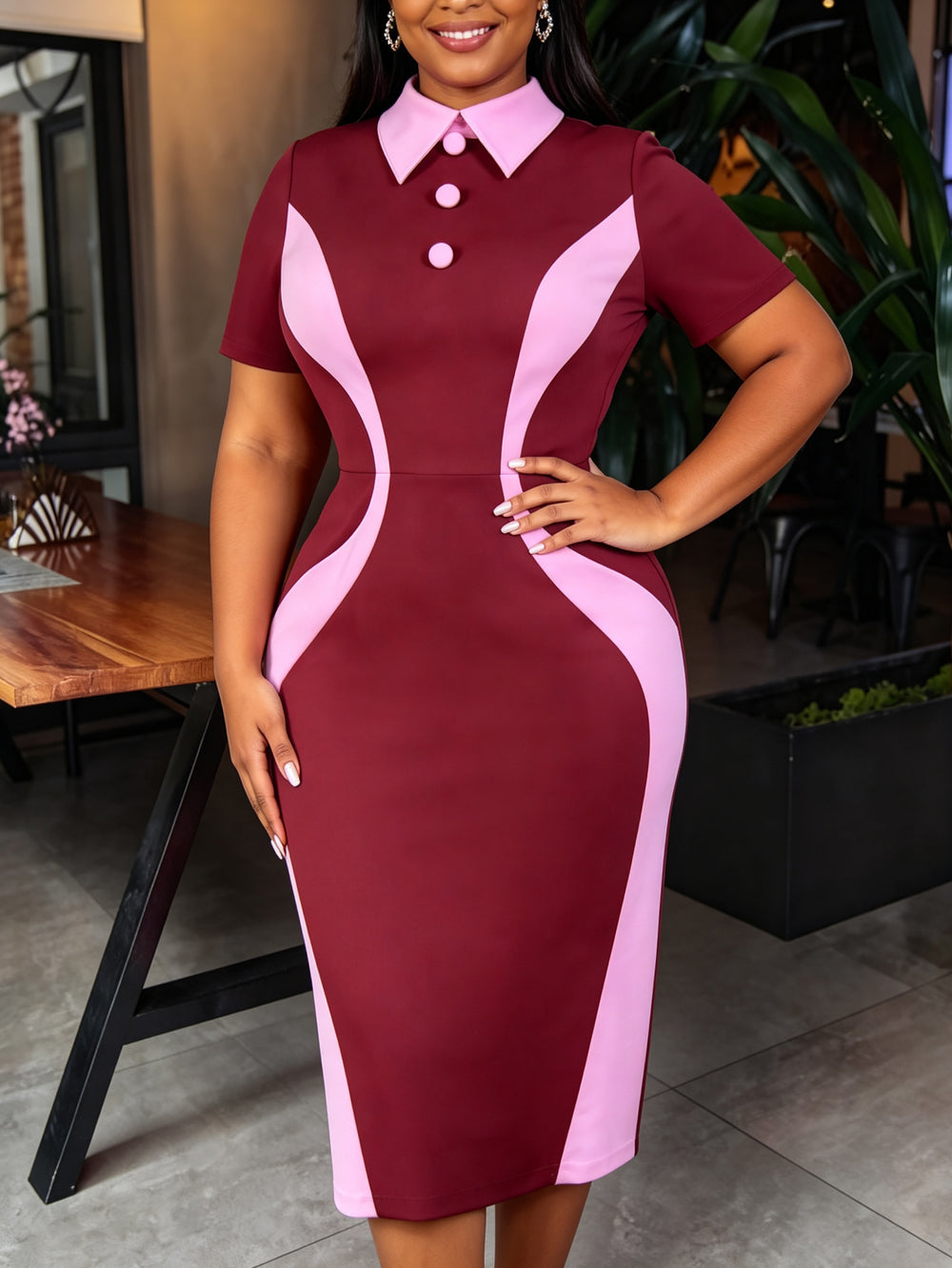 Summer slimming high-waisted short-sleeve dress - color block patchwork, turn-down collar, slim fit, casual style dresses