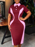 Summer slimming high-waisted short-sleeve dress - color block patchwork, turn-down collar, slim fit, casual style dresses