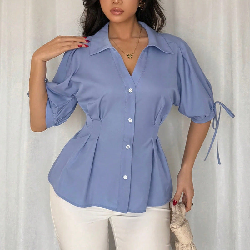 Cross-border ins  European and American solid color shirt half-sleeve drawstring 2025 independent station temperament waist cardigan shirt women