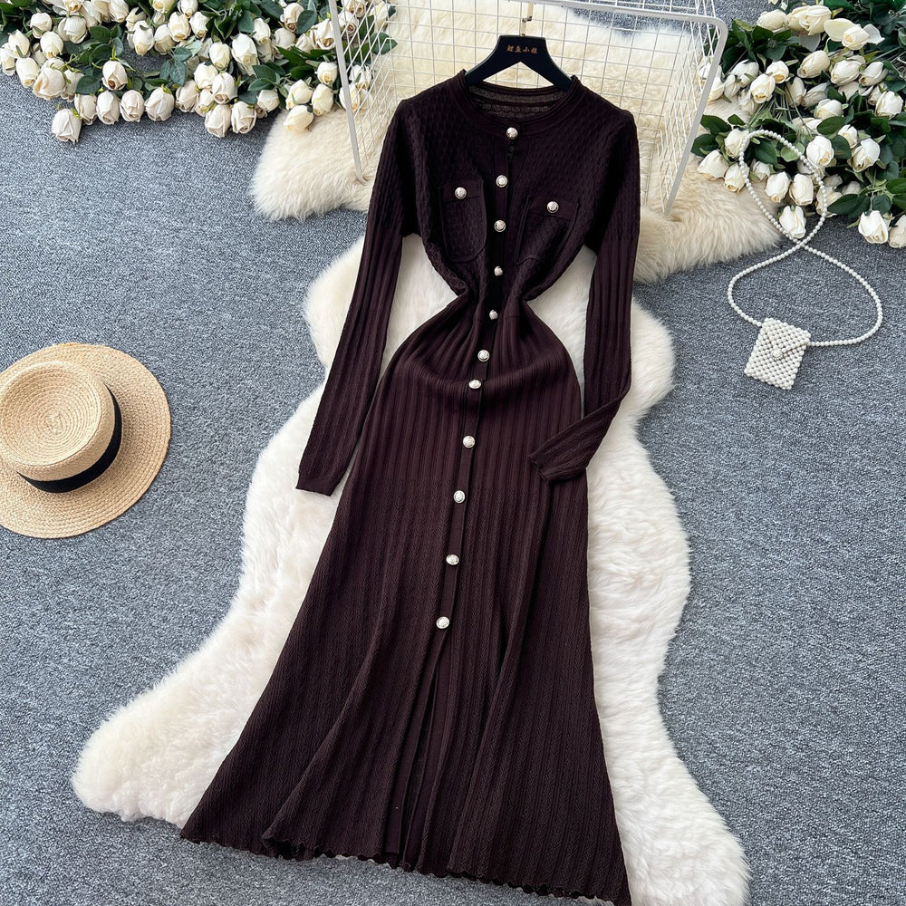 French chic metallic buckle waist dress - women's 2025 autumn slimming elegant hollow-out knit maxi dress
