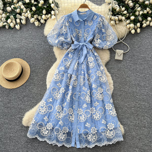 French chic blue lace dress - women's summer bubble sleeve a-line maxi dress - slim fit & figure flattering - new  collection