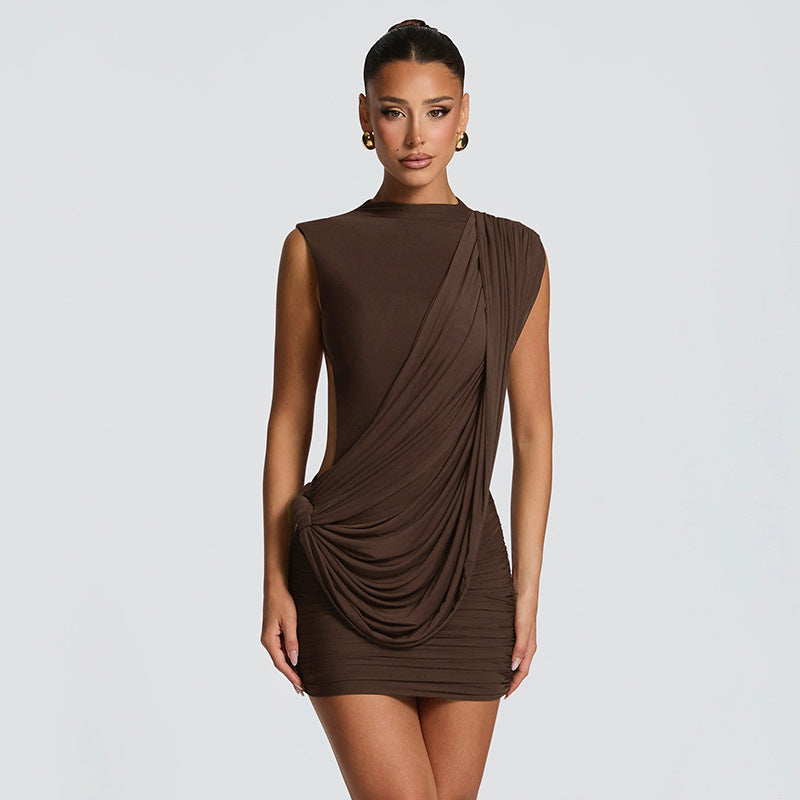 European and american women's clothing  summer new arrival casual solid color sleeveless asymmetrical ribbon slim fit backless dress - export quality