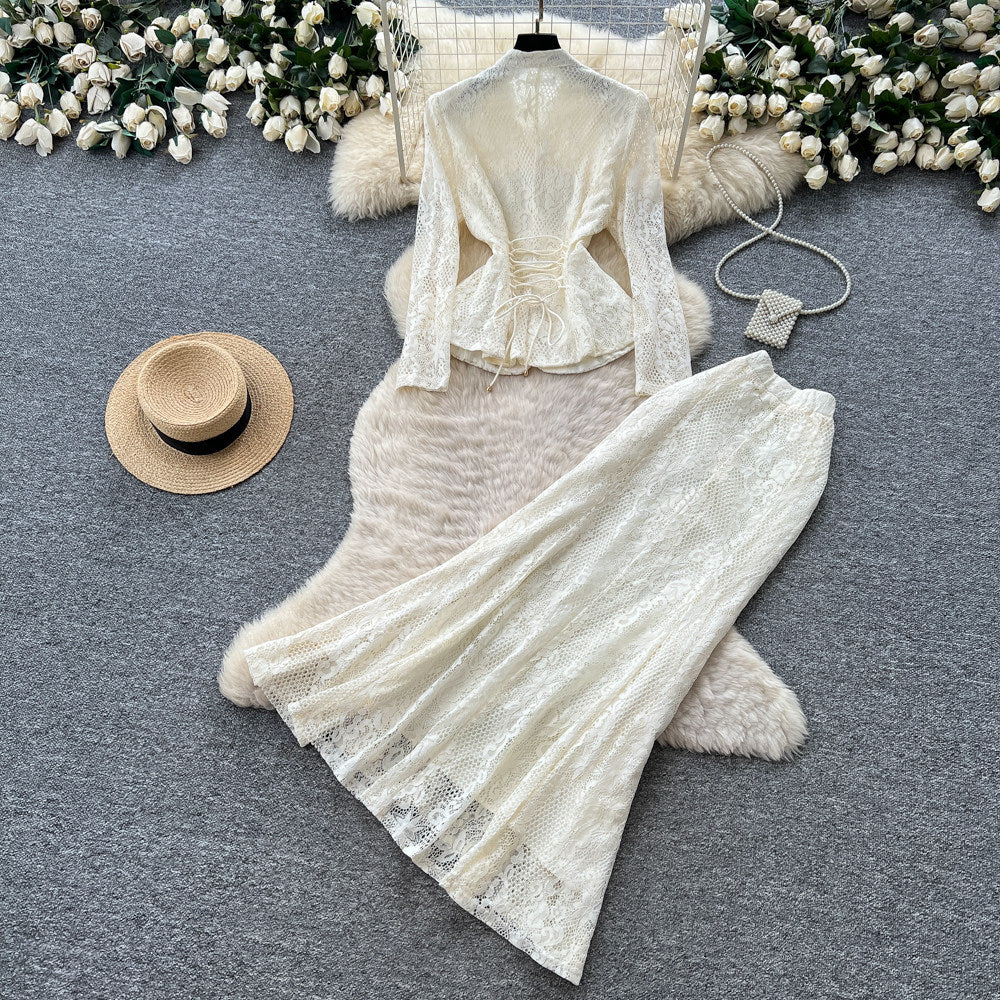 French chic beaded v-neck lace two-piece set - women's summer commute style, slim fit, high-end elegant outfit