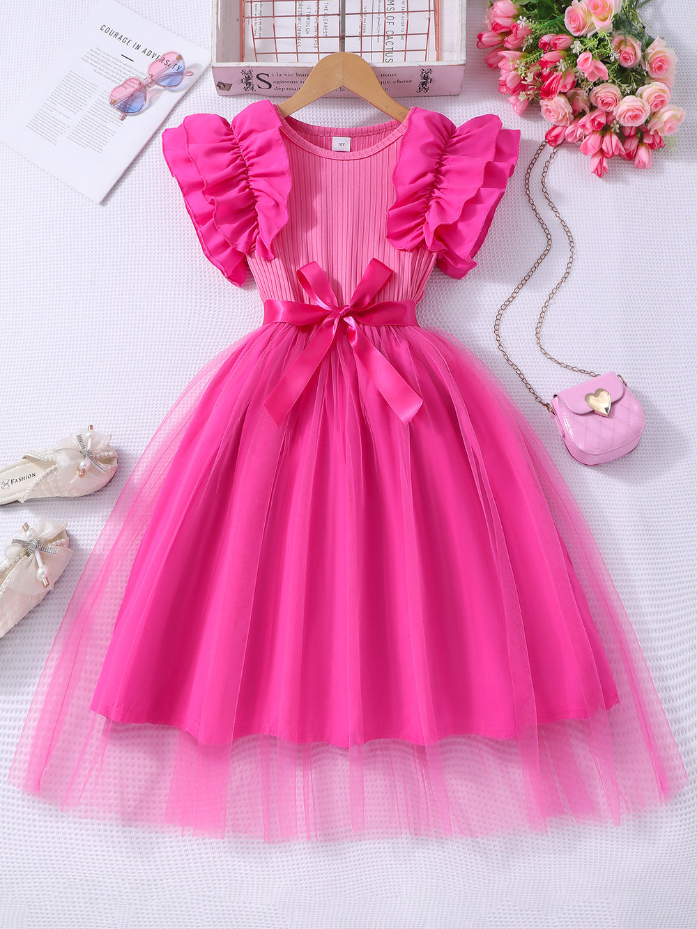Girls' plus/minus size dress, ruffle flutter sleeve ribbed knit mesh round neck summer casual dress