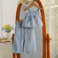 hot selling baby girl doll style embroidered cami top + heavy-duty washed denim pants two-piece set