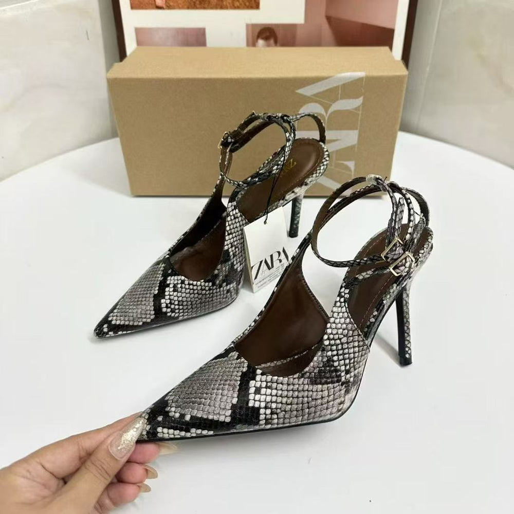 Za2025new arrival snake pattern color matching stiletto heel backless sandals fashion women's one-strap flatsoutwear women