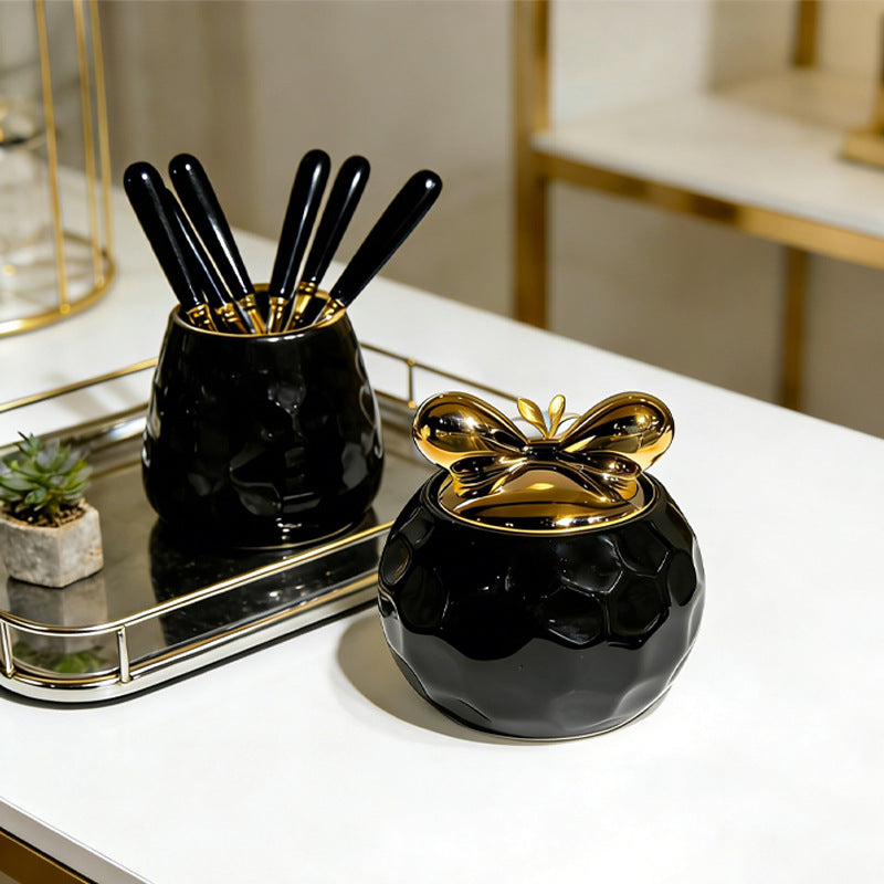 Nordic light luxury ceramic desktop tissue box storage jar three-piece set - household fruit fork & floss container combo - wholesale