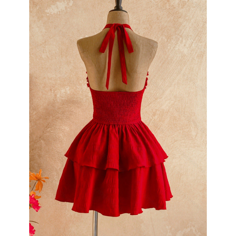 Women's summer fashion casual solid color halter backless asymmetrical hem mini dress (waist chain not included)