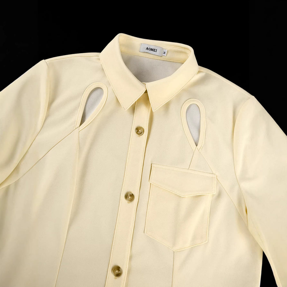 Collared, cutout button-down shirt with tie waist and versatile straight-leg pants set - two-piece set