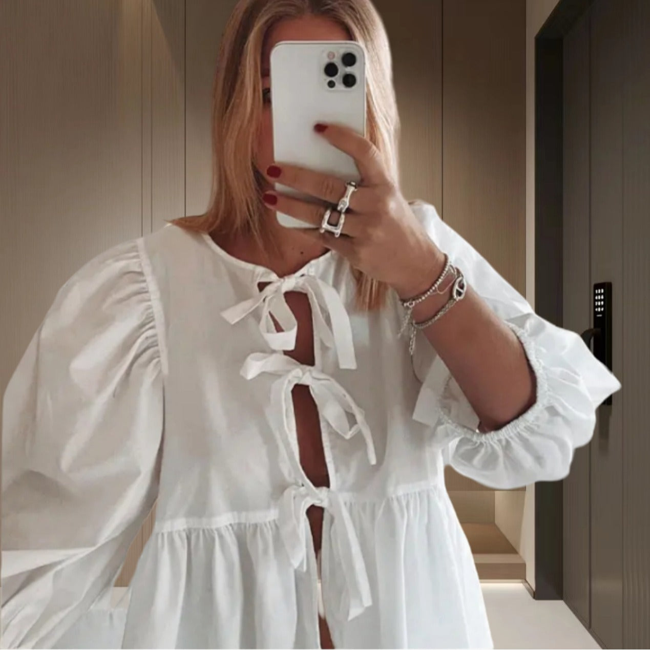 European and American  popular butterfly cardigan top early autumn lace-up crew neck bubble sleeve fashionable sexy loose T-shirt