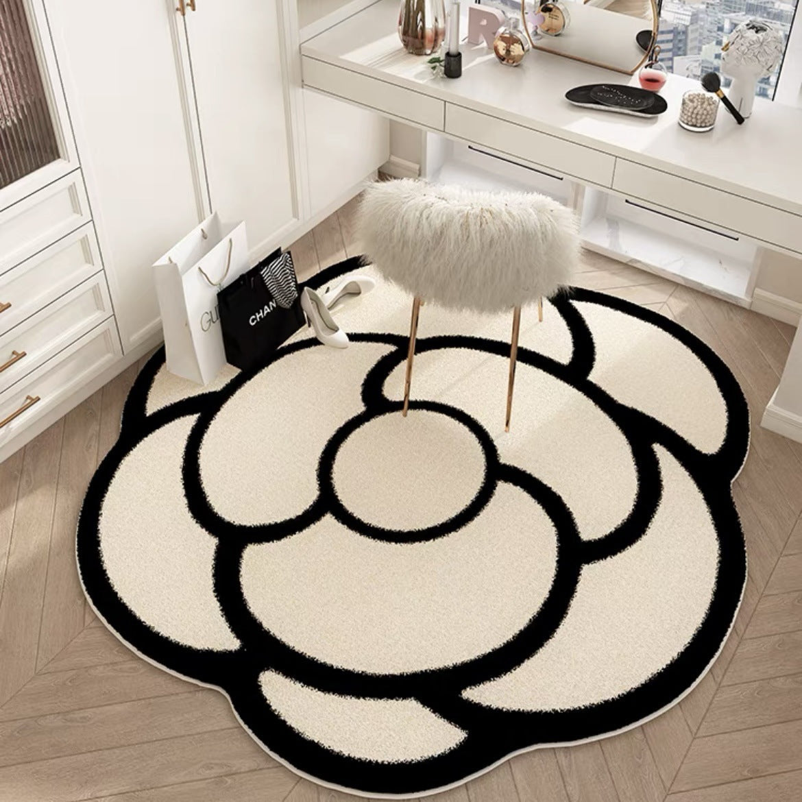 Camellia special-shaped carpet, living room light luxury premium floor mat, bedroom, cloakroom, foot mat, makeup room, study, rotating chair cushion