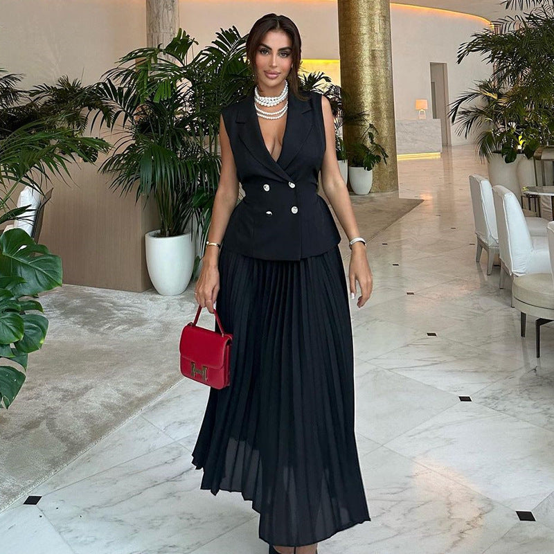 Fashion cross-border women's clothing  summer new arrivalelegant lapel sleeveless double breasted tops pleated skirt casualsuit