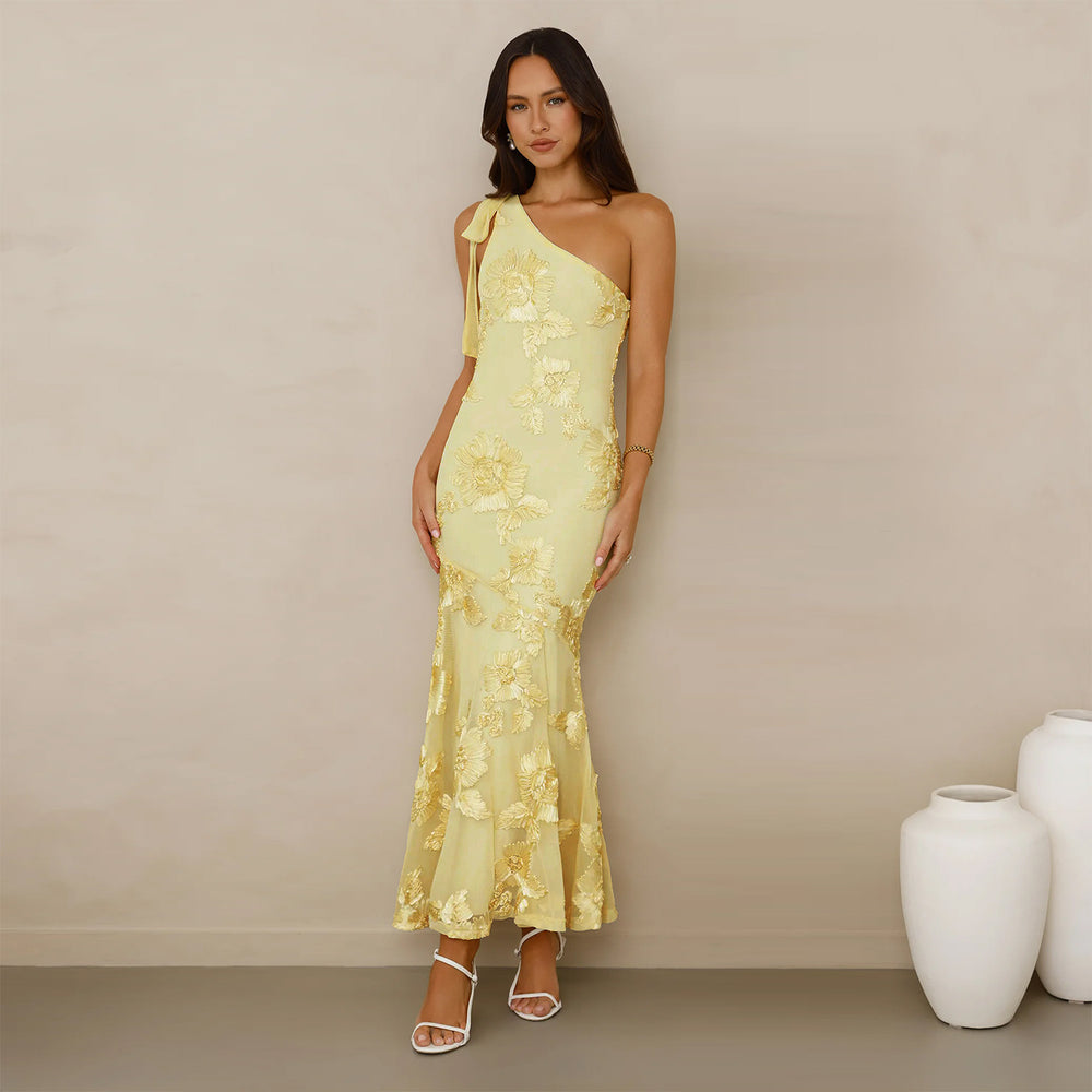 C7747 cross-border   fashion women's summer elegant jacquard one-shoulder banquet dress