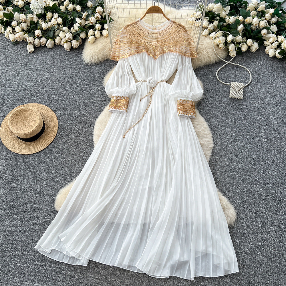 French-style heavy embroidery beaded sequin mesh patchwork lantern sleeve tie-waist pleated maxi dress - women's high-end long dress