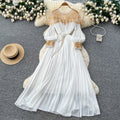 French-style heavy embroidery beaded sequin mesh patchwork lantern sleeve tie-waist pleated maxi dress - women's high-end long dress
