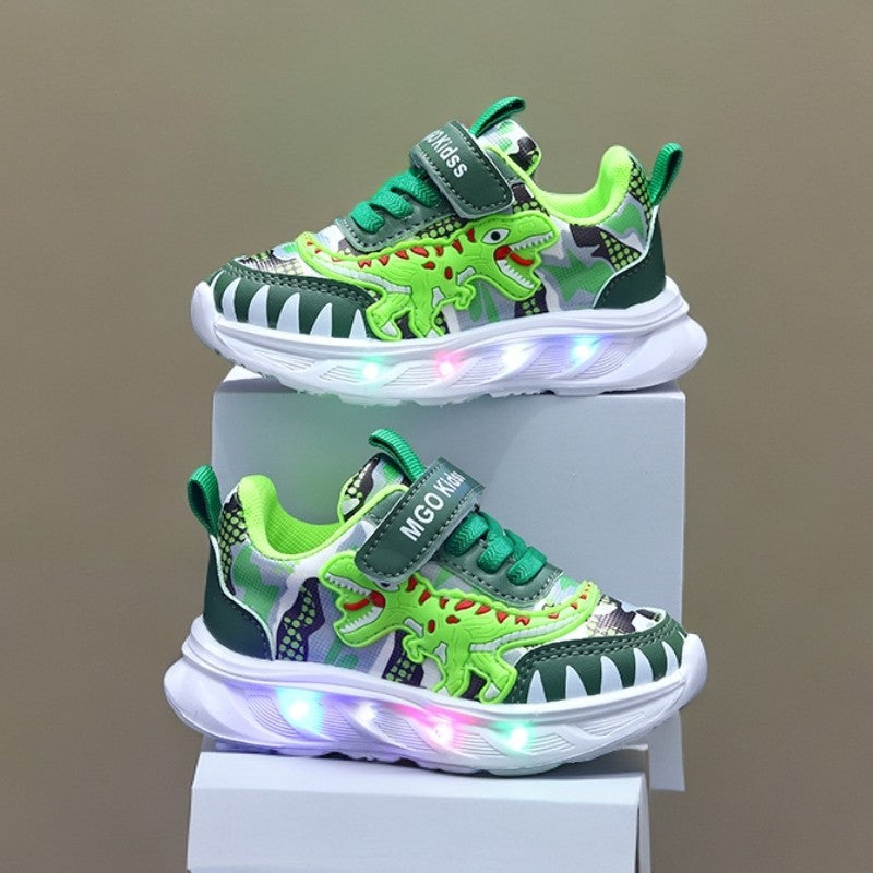 Cool boy  new led light-up shoes for ages 1-6, luminous leather t-rex casual sneakers