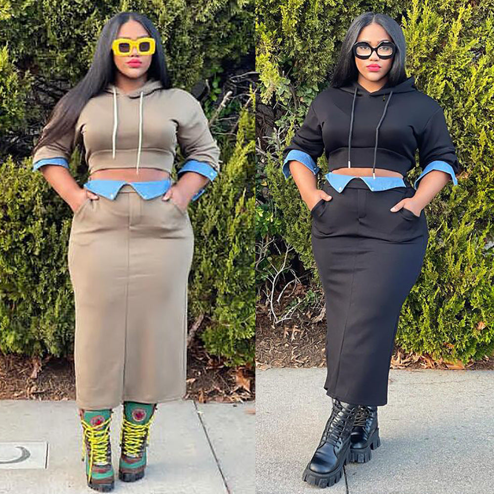 European and american cross-border women's clothing  winter casual hooded long-sleeve sweatshirt denim patchwork slit midi skirt set