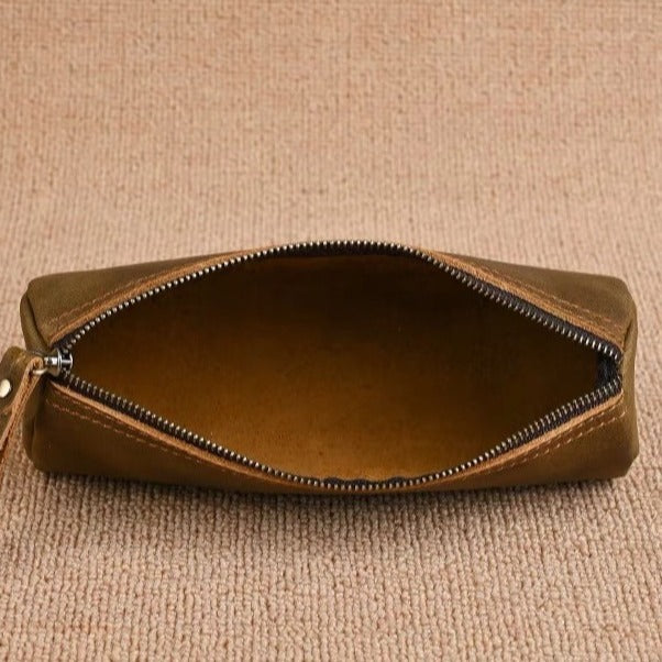 Hot-selling retro genuine leather stationery pencil case, top grain crazy horse leather handmade coin purse, student stationery organizer