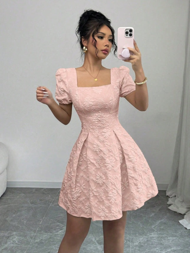 European and american cross-border  summer slim-fit women's elegant jacquard solid color puff sleeve square neck a-line dress