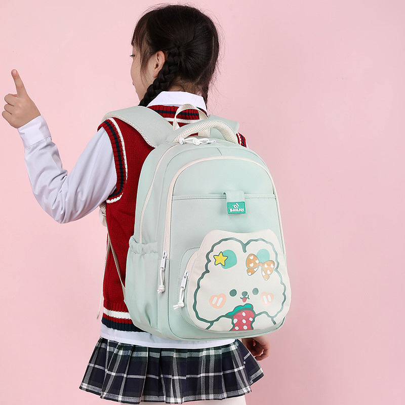 Elementary school backpack - cute cartoon rabbit design, multiple pockets, easy to clean, shape-retaining, dopamine color scheme, water-resistant backpack